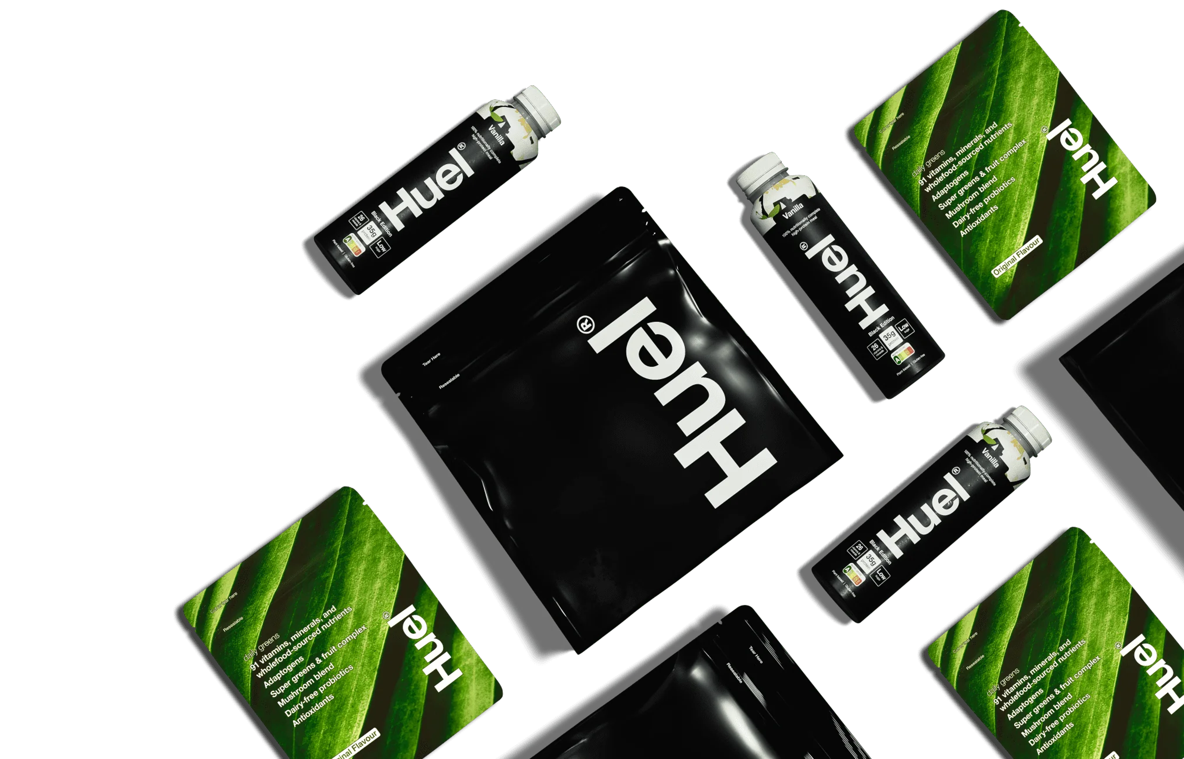 Assortment of Huel products on a white background