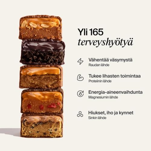 An image of a stack of Huel Complete Nutrition Bars next to text outlining key health benefits
