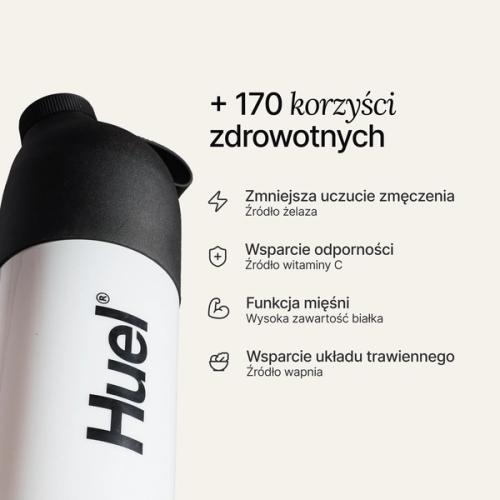 Czarno-biały shaker Huel na neutralnym tle, z dodatkiem informacji o korzyściach zdrowotnych