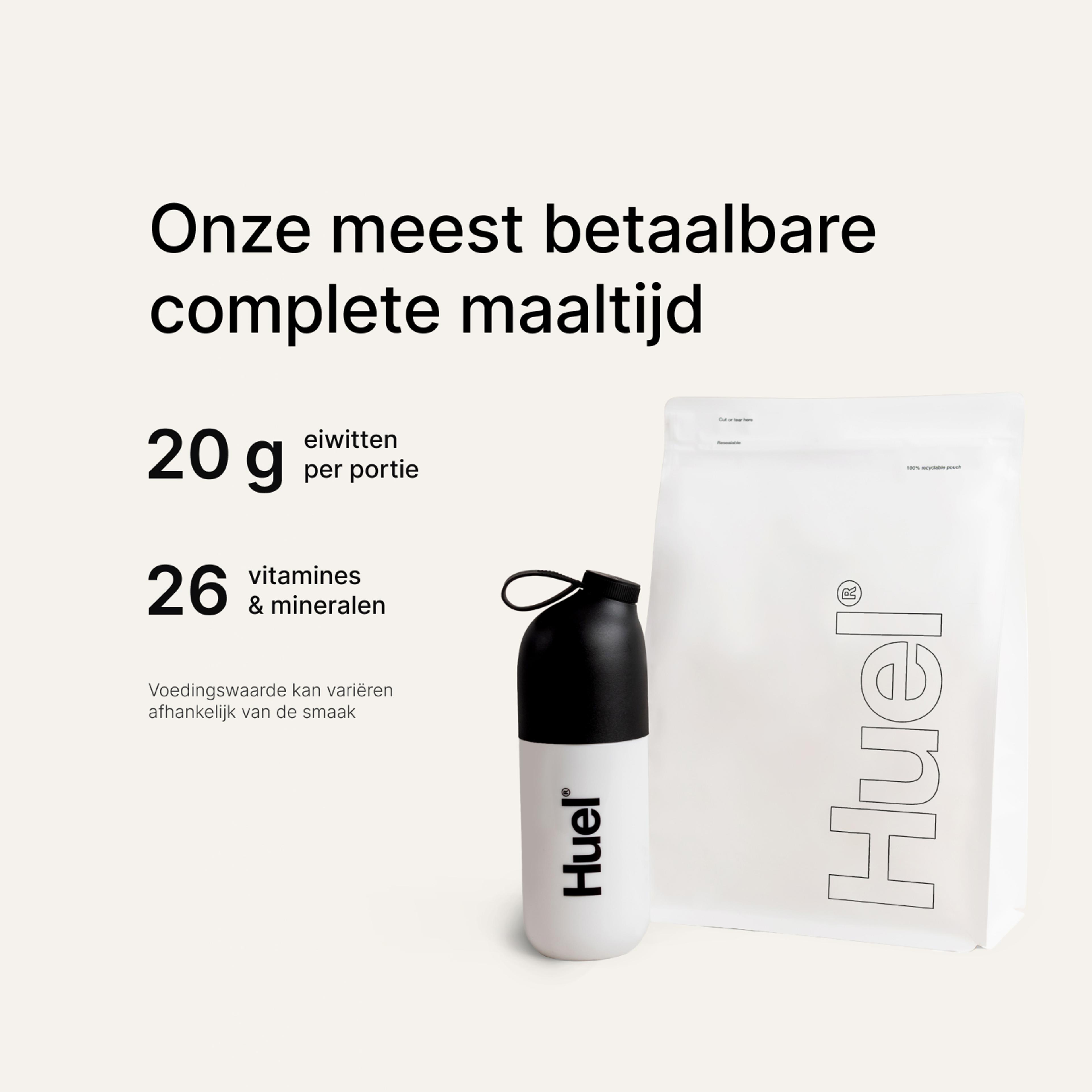 A white pouch of Huel Essential and a Huel shaker on a neutral colour background