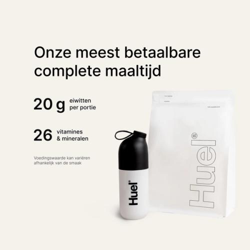 A white pouch of Huel Essential and a Huel shaker on a neutral colour background