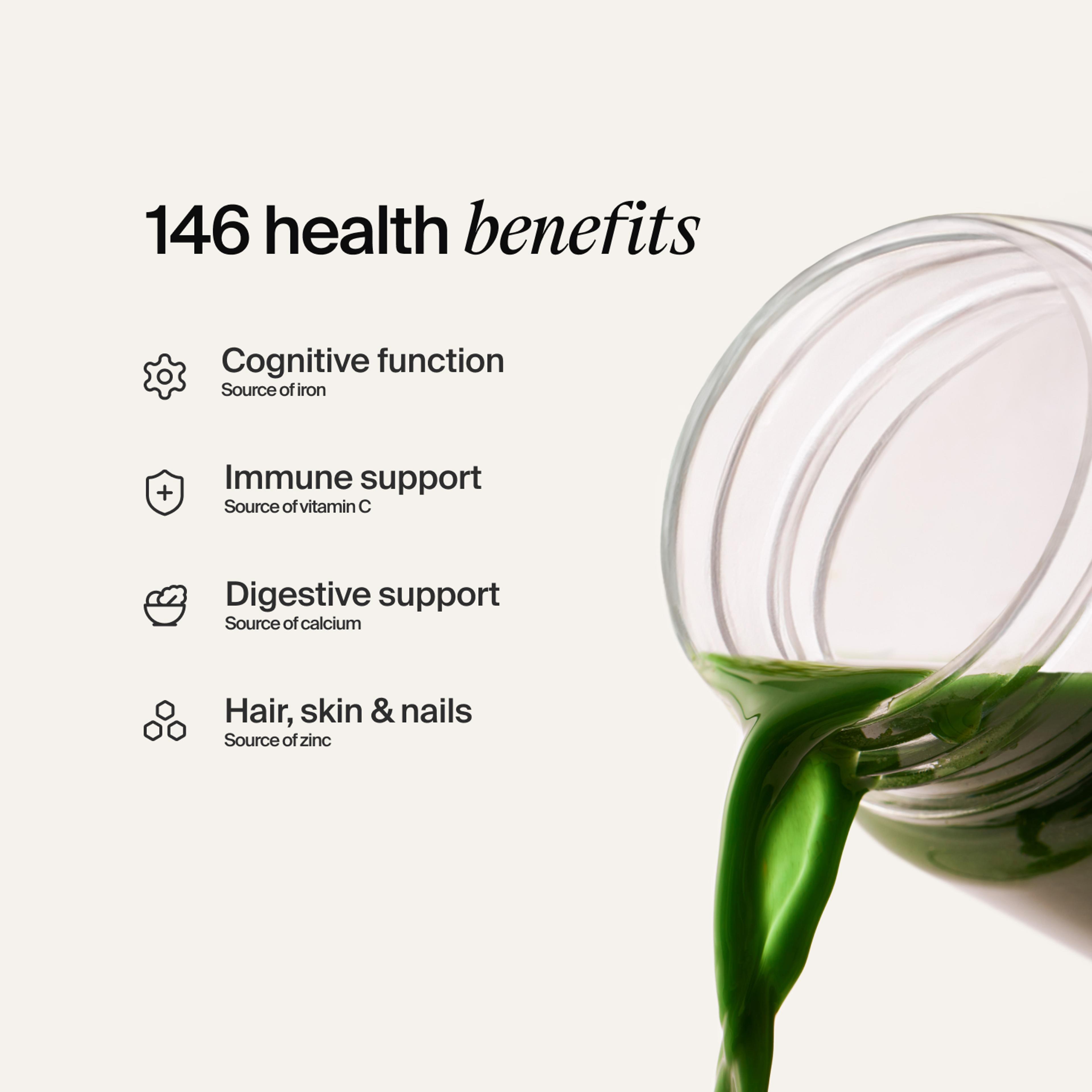 Health benefits like cognitive function, immune support, digestive support, and hair/skin/nails