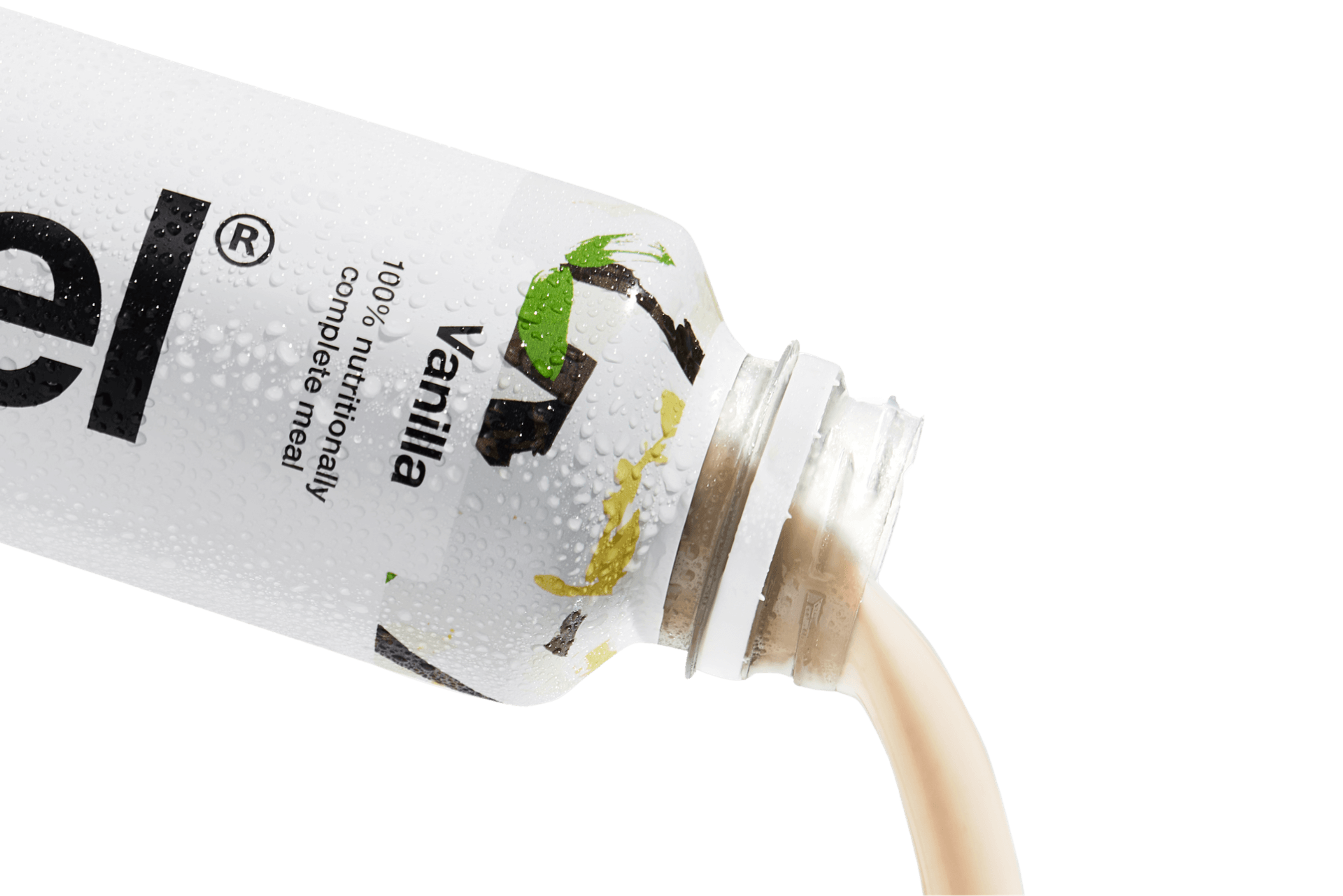 Billede af vanilje Huel drikkeklar proteindrik hældes fra en flaske
