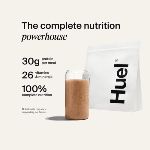 Alt: Huel Powder bag with a prepared shake, alongside text highlighting 30g protein, 26 vitamins and minerals, and 100% complete nutrition.
