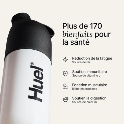 A black and white Huel shaker on a neutral background, with the benefits of Huel listed beside it