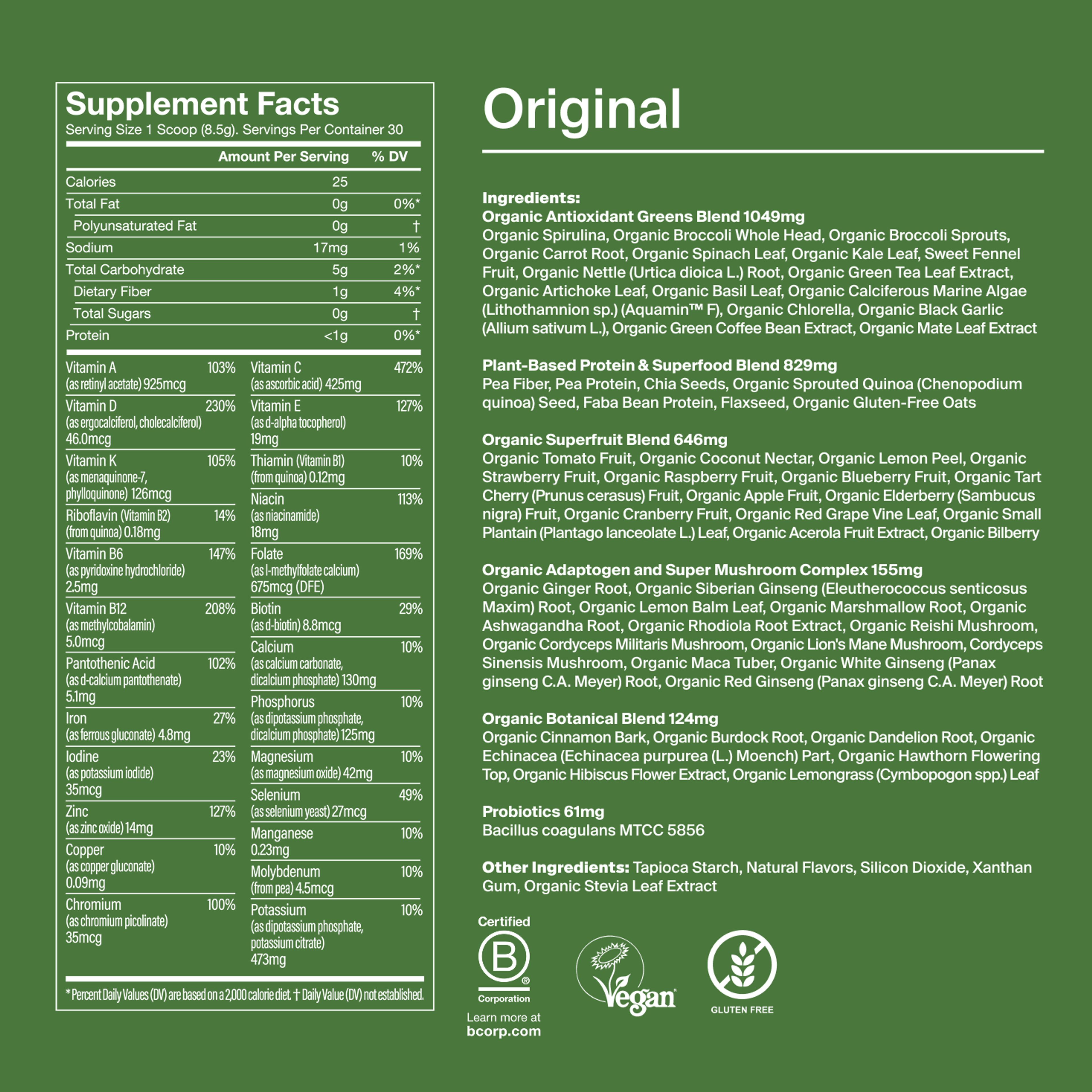 Ingredients and the Greens back of pack