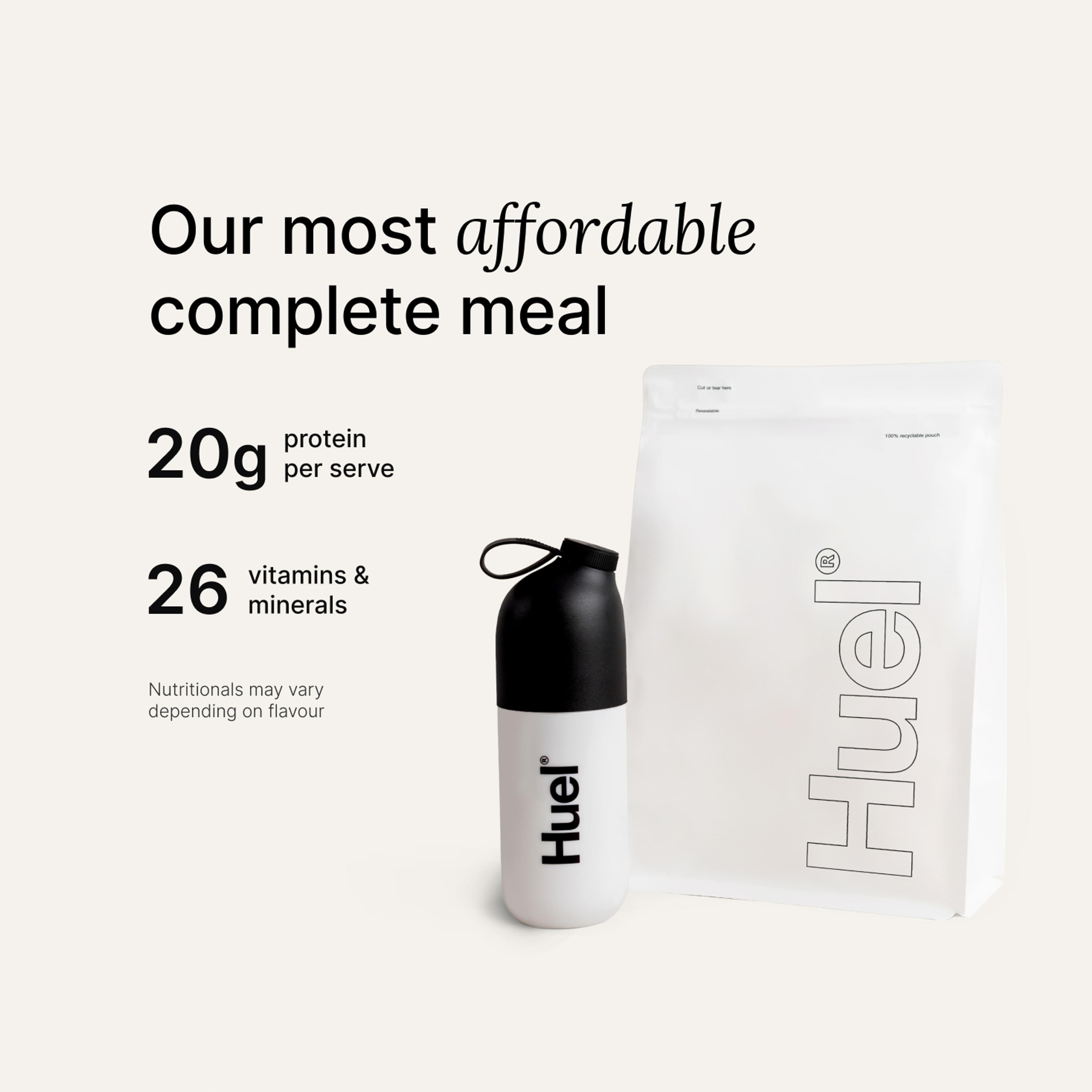 A white pouch of Huel Essential and a Huel shaker on a neutral colour background