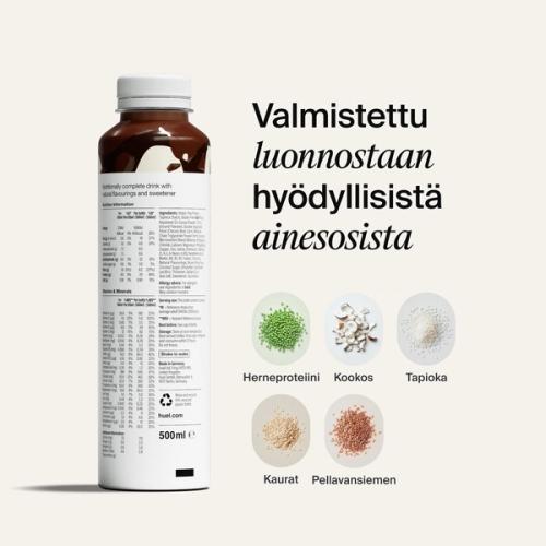 Reverse of a Huel Ready-to-drink Bottle on a neutral background accompanied by text and ingredients close-ups