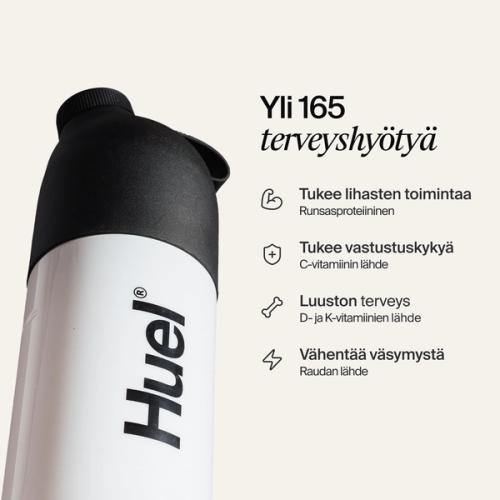 A black and white Huel shaker on a neutral colour background with health benefits in text beside it