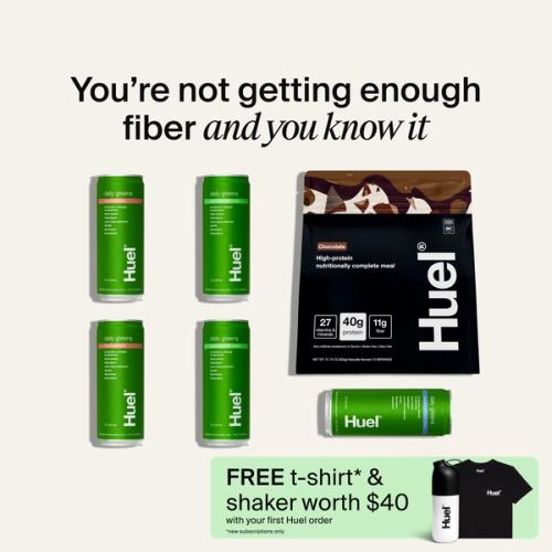 A bag of Huel Black edition surrounded by Daily Greens Ready-to-drink cans