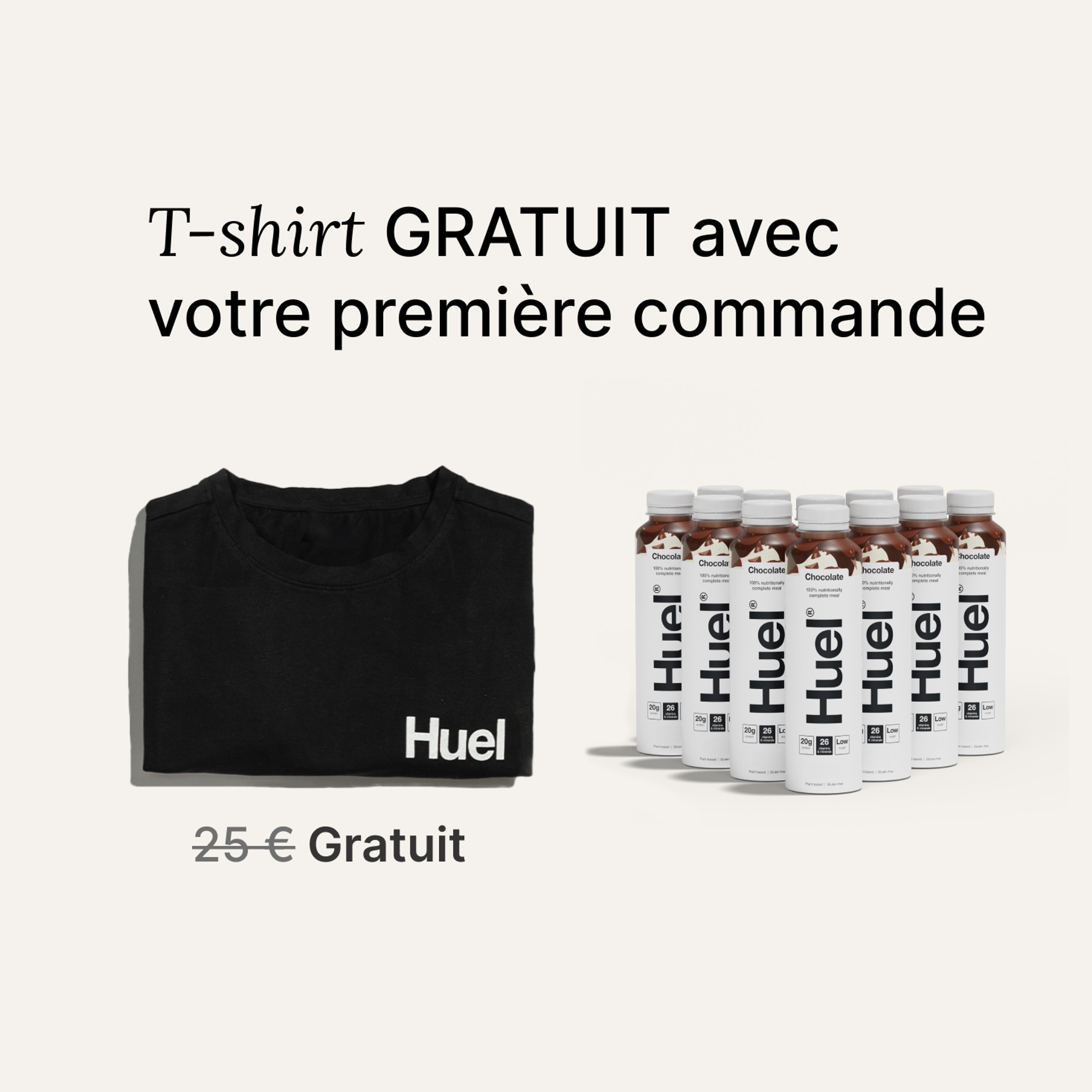 Une image du contenu du pack de bienvenue Huel Ready-to-drink, y compris un t-shirt Huel noir.