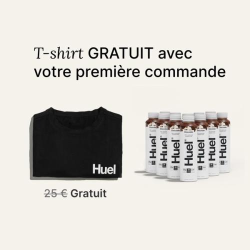 Une image du contenu du pack de bienvenue Huel Ready-to-drink, y compris un t-shirt Huel noir.