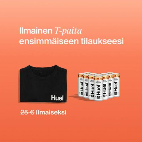 Ilmainen T-paita ja toimitus ensimmäisen tilauksen yhteydessä; kuvassa Huel-paita ja 12 DAZ-tölkkiä