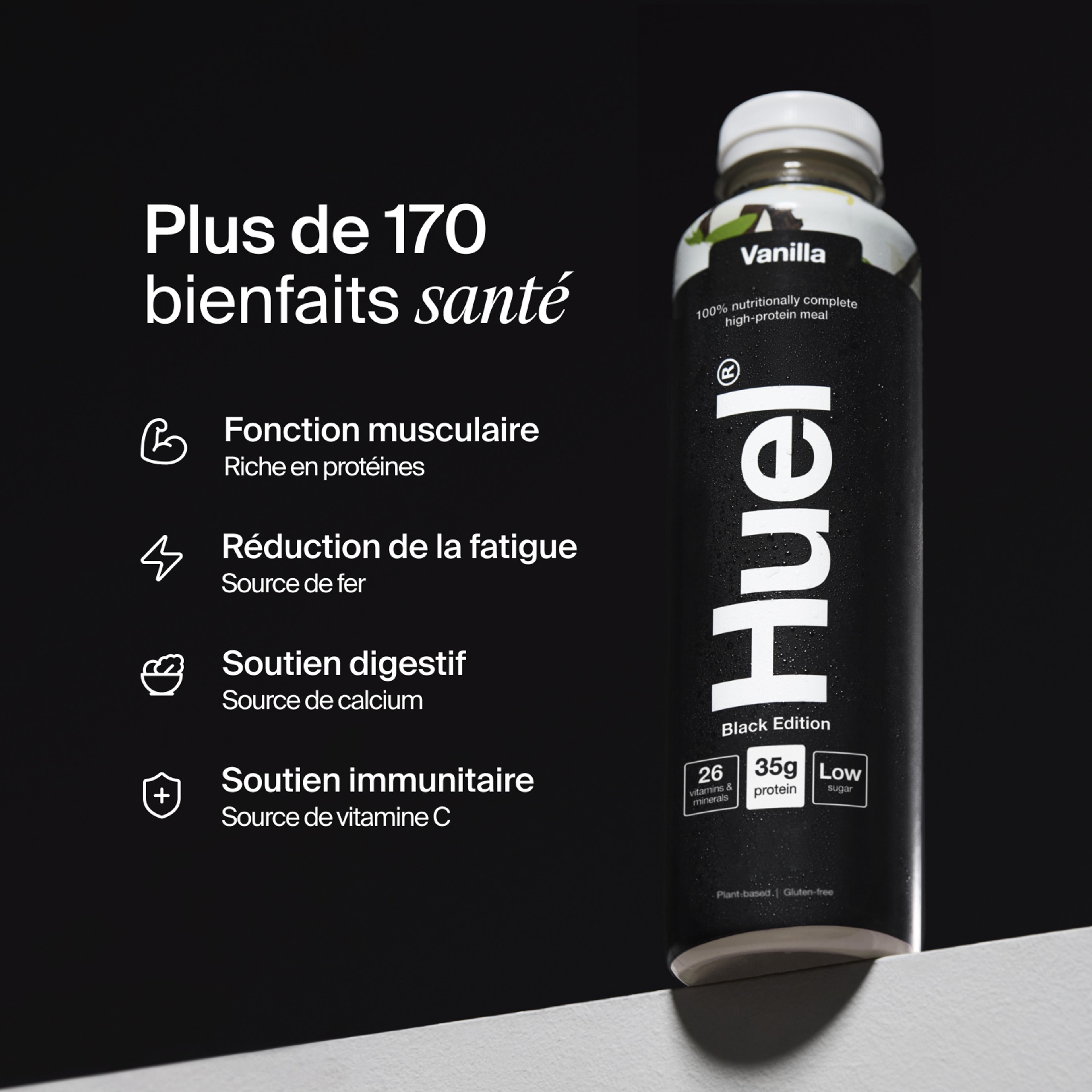 Bottle of Huel Ready-to-drink with health benefits written beside it