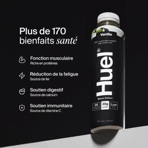 Bottle of Huel Ready-to-drink with health benefits written beside it