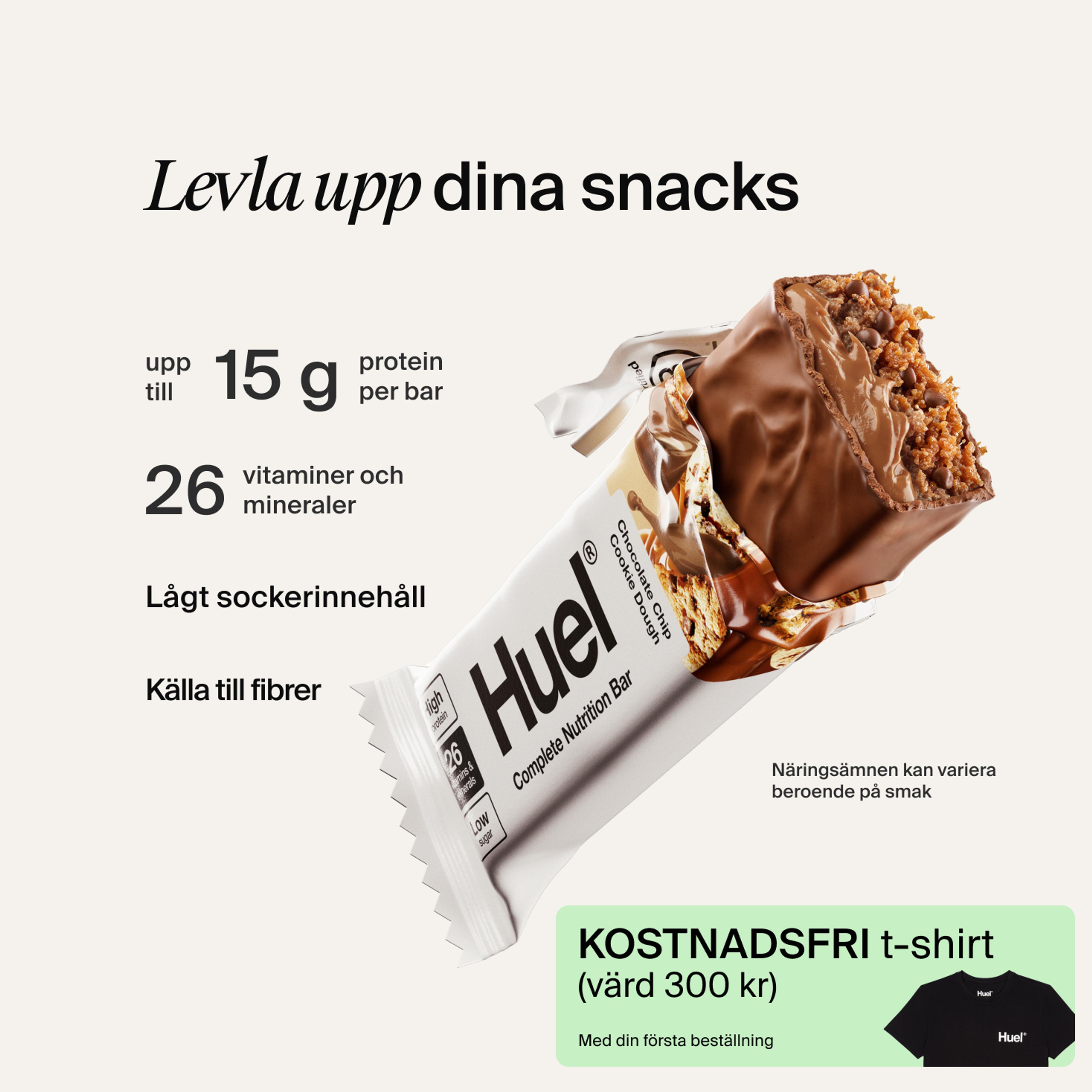 A Huel Complete Nutrition bar with a peanut and caramel filling, set against a beige-colour background