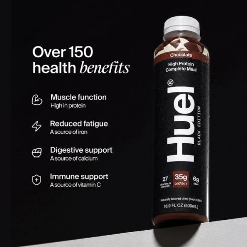 Bottle of Huel Ready-to-drink with health benefits written beside it