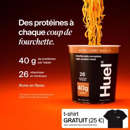 A pot of Huel Black Edition Ramen with Complete Nutrition callouts on a red and black gradient background