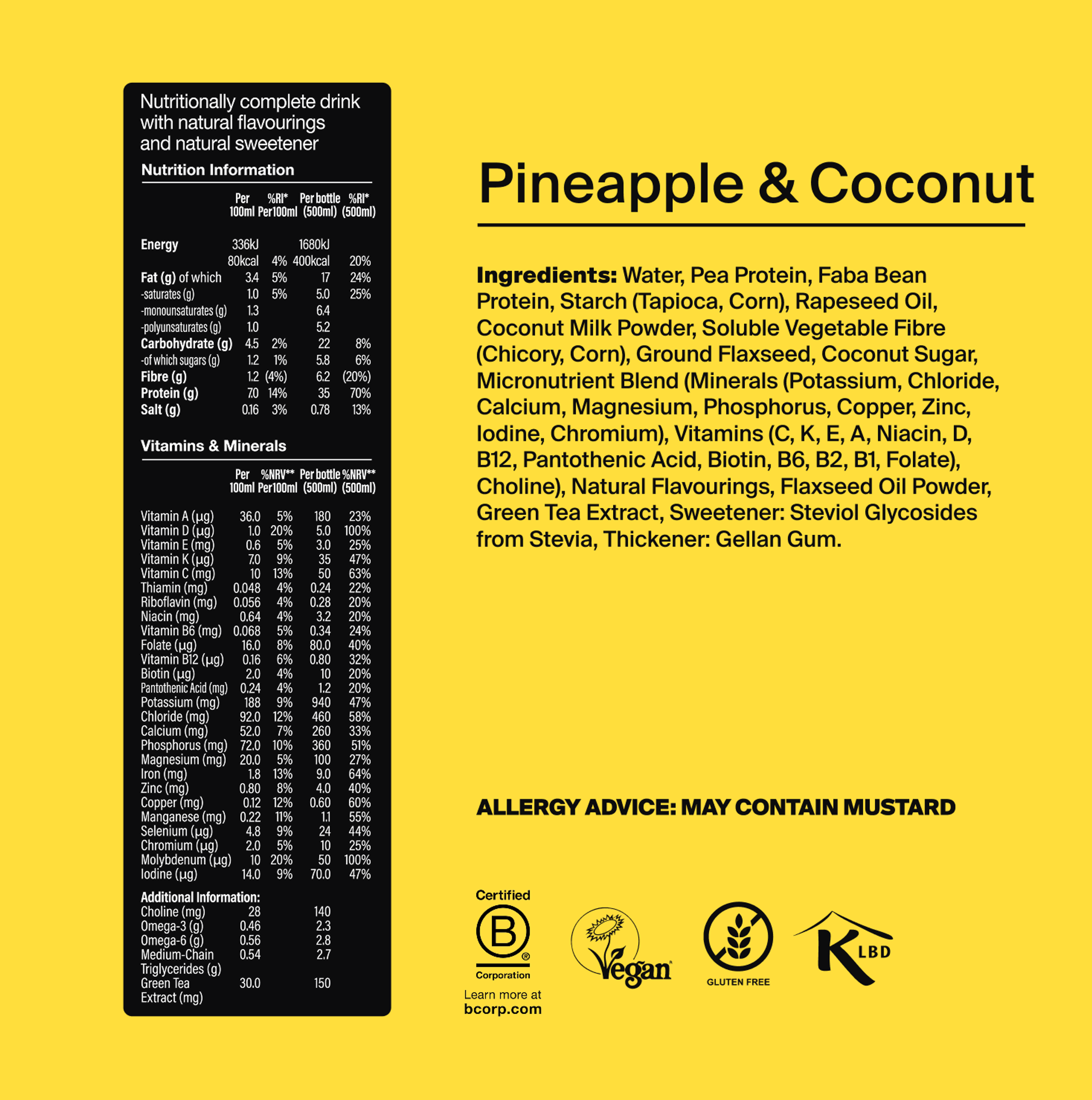 Bottle of Black Edition RTD with back-of-pack nutrition included, and natural ingredient images