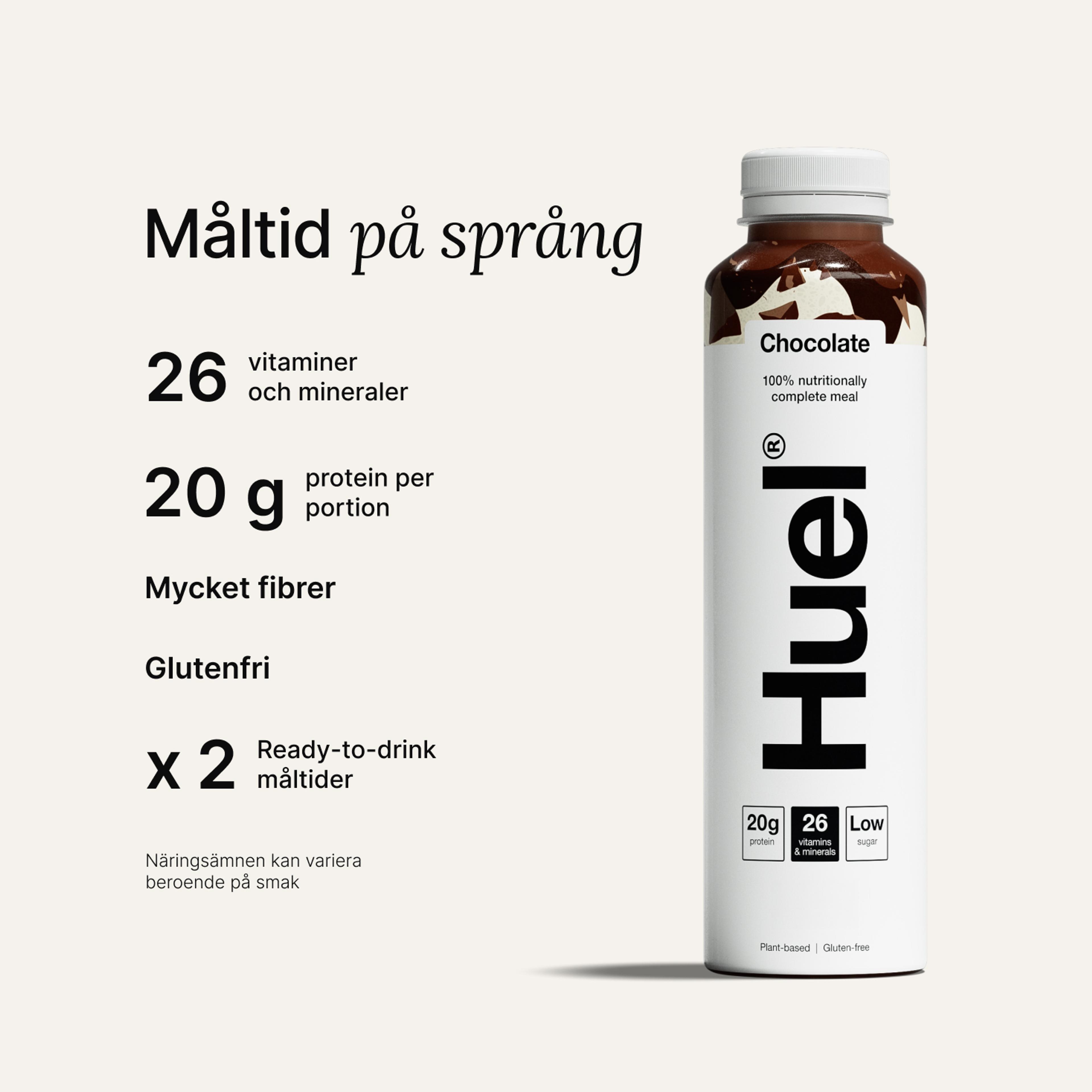 En flaska Chocolate Huel Drickfärdig måltidsdryck med hög proteinhalt