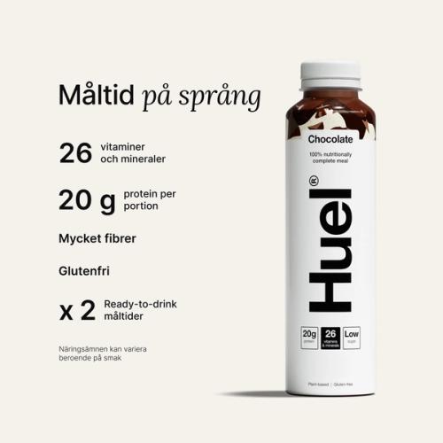 En flaska Chocolate Huel Drickfärdig måltidsdryck med hög proteinhalt