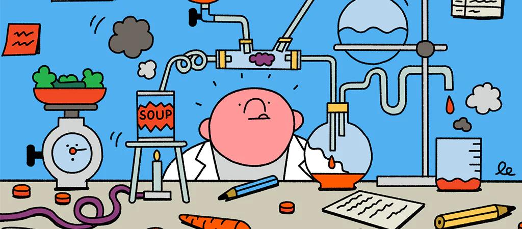 cartoon of scientist in his lab looking intently at his chemistry set that is hooked up to soup and broccili