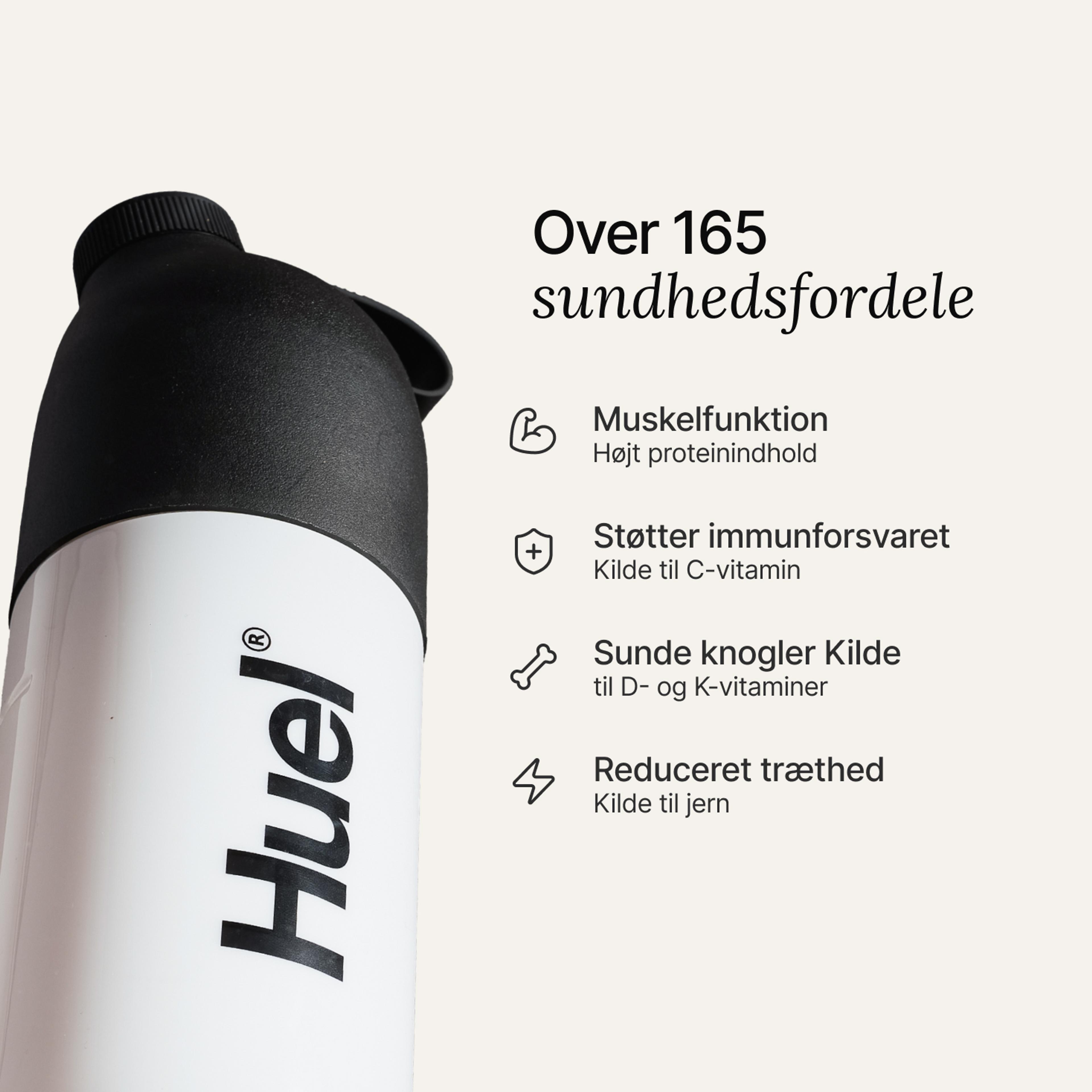 A black and white Huel shaker on a neutral colour background with health benefits in text beside it