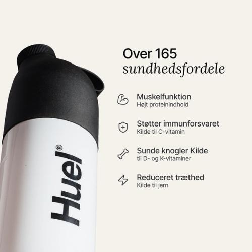 A black and white Huel shaker on a neutral colour background with health benefits in text beside it