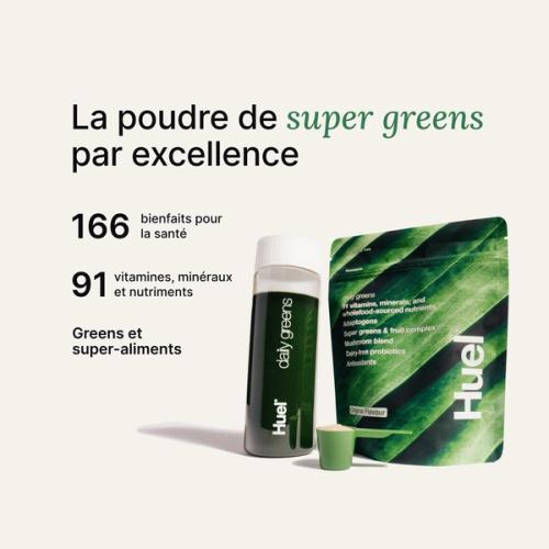 Une image d’un shaker Daily Greens, d’une cuillère doseuse et d’un sachet avec des informations nutritionnelles