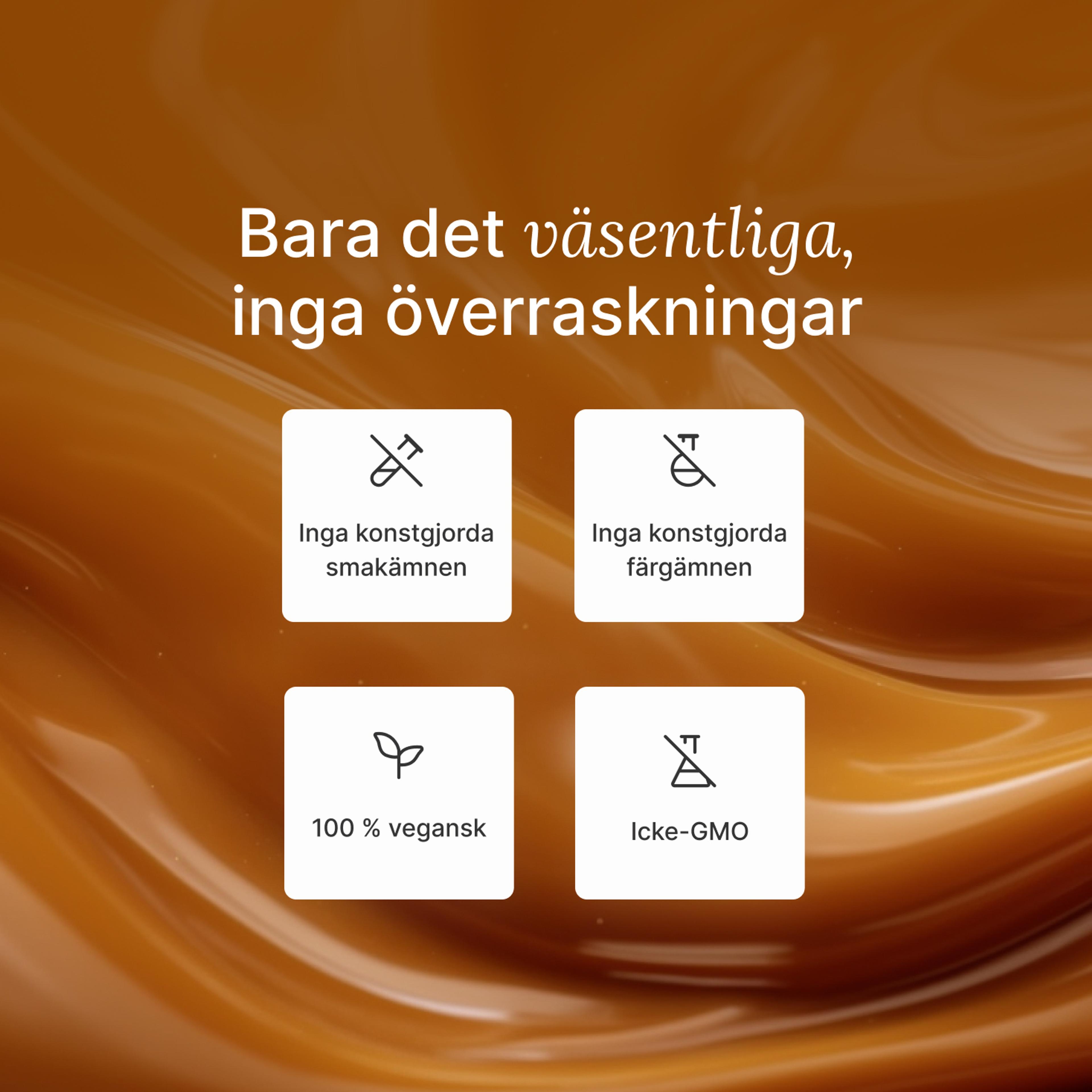 An extreme close-up of swirling caramel with key Huel health benefits overlayed