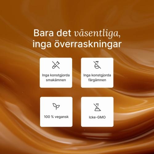 An extreme close-up of swirling caramel with key Huel health benefits overlayed
