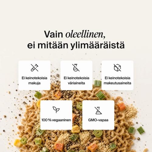 Dried vegetables, herbs and noodles mixed on a neutral colour background