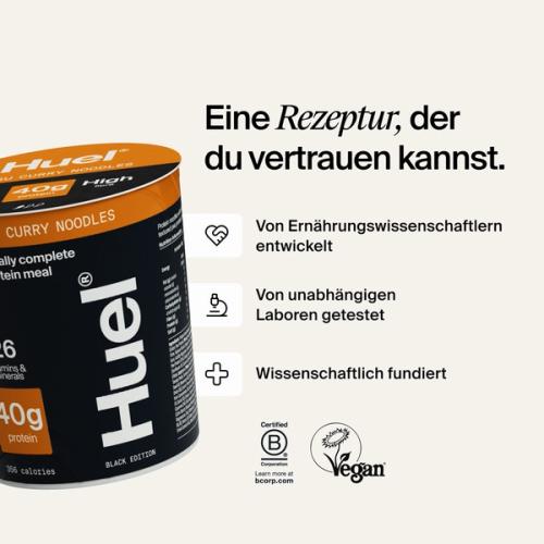 A pot of Huel Lite Ramen next to various callouts and logos