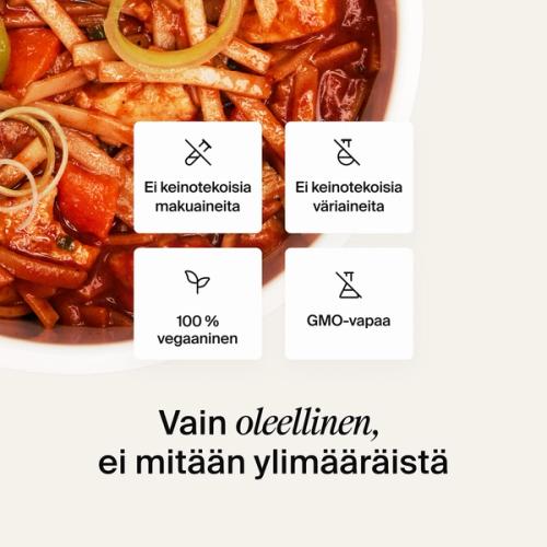 Lähikuva Huelin tulisesta Korealainen grillinuudeli -astiasta ja huomiotekstejä, jotka selittävät sen ravintohyötyjä 