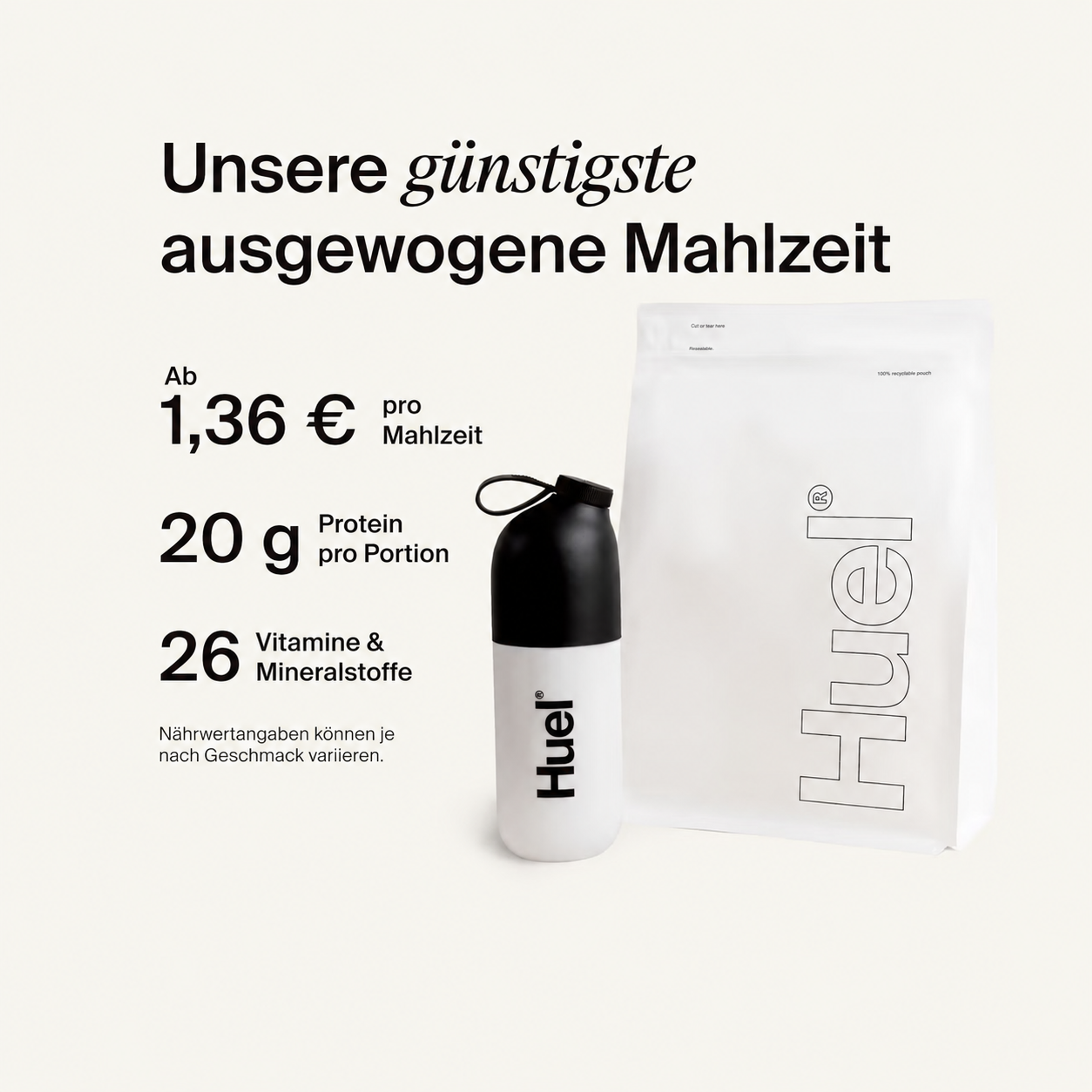 A white pouch of Huel Essential and a Huel shaker on a neutral colour background