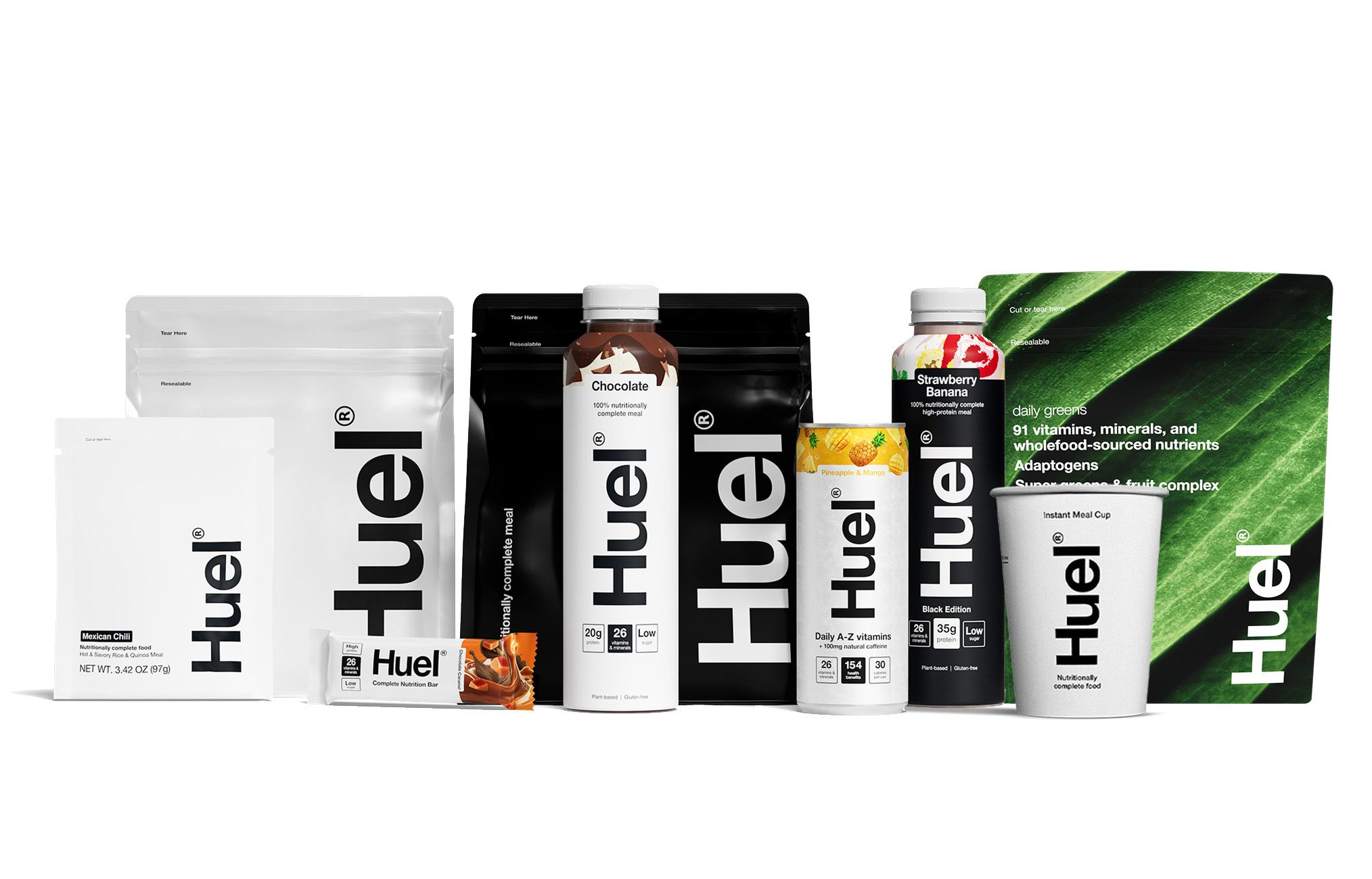 Selection of Huel products, from instant vegan meals to powdered meal replacement shakes and high protein ready-to-drink bottles.