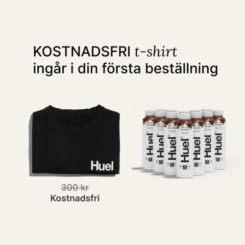 En bild av innehållet i Huel Ready-to-drink välkomstpaket inklusive en svart Huel t-shirt