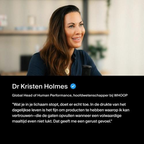 Nutritionist in a neutral, well-lit office environment accompanied by a quote endorsing Huel RTD protein drink
