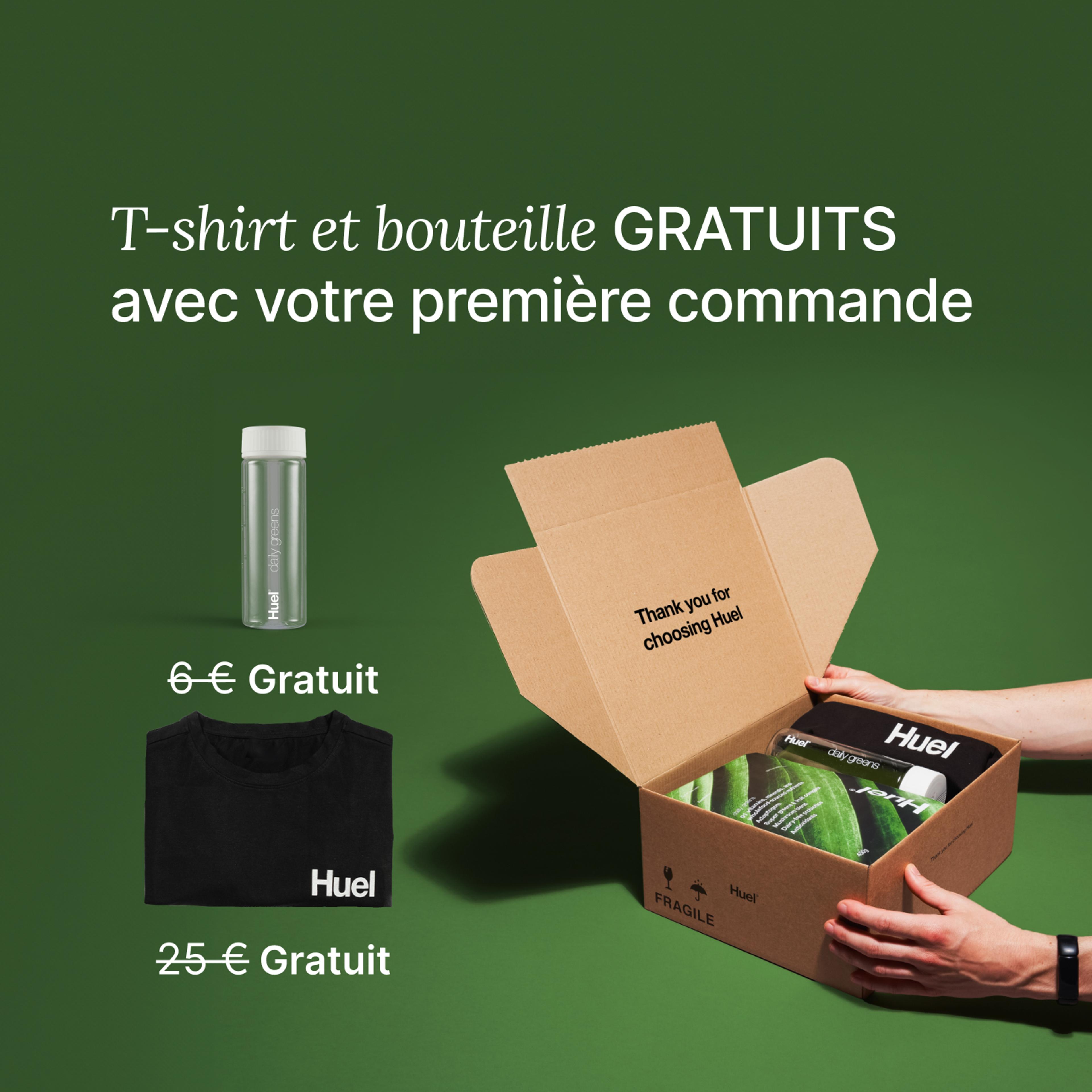 Unboxing a Huel order containing Daily Greens powder, a black Huel t-shirt, and a clear bottle, set against a green background.