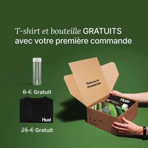 Unboxing a Huel order containing Daily Greens powder, a black Huel t-shirt, and a clear bottle, set against a green background.