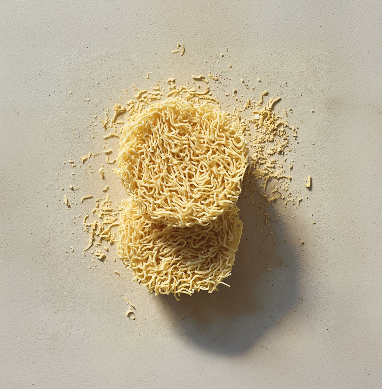 2 nests of dried noodles on a beige background