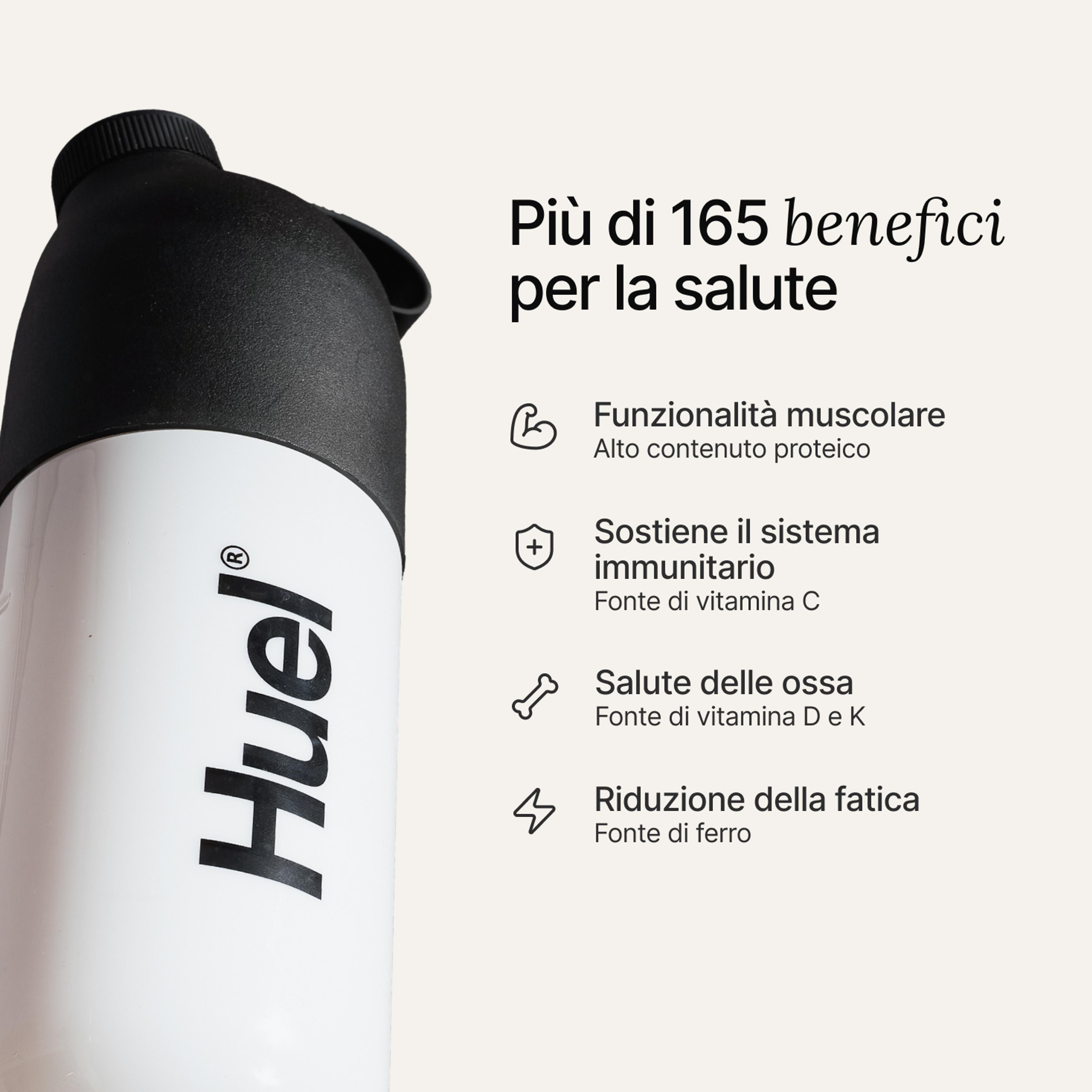 A black and white Huel shaker on a neutral colour background with health benefits in text beside it