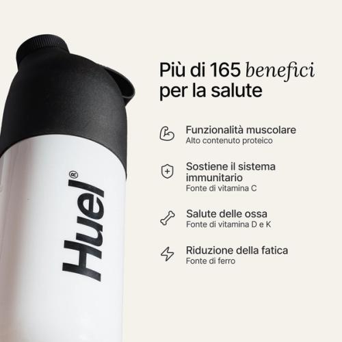 A black and white Huel shaker on a neutral colour background with health benefits in text beside it