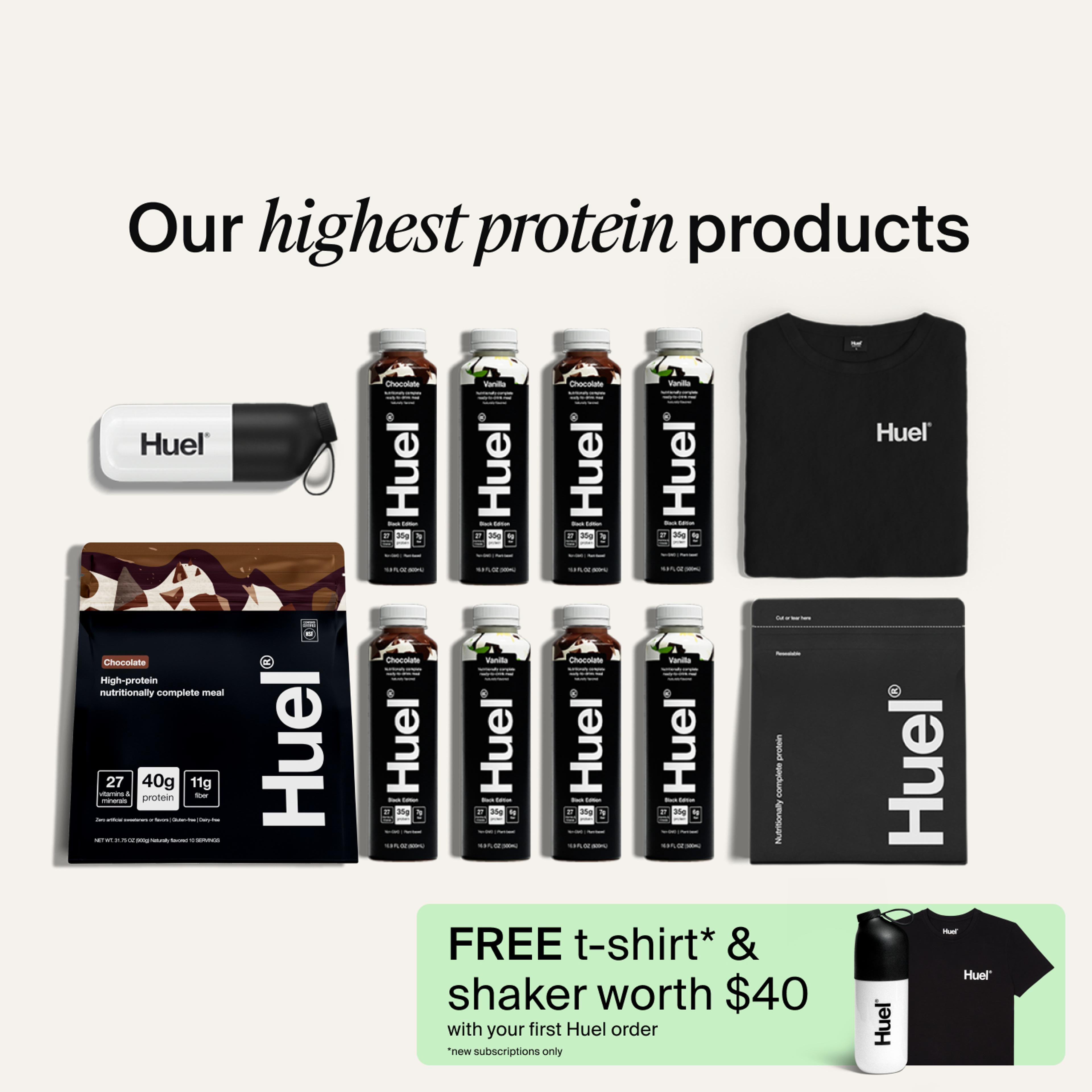 A flat lay image of all the products in the Huel High-Protein Bundle