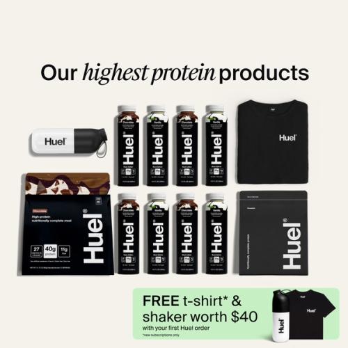 A flat lay image of all the products in the Huel High-Protein Bundle