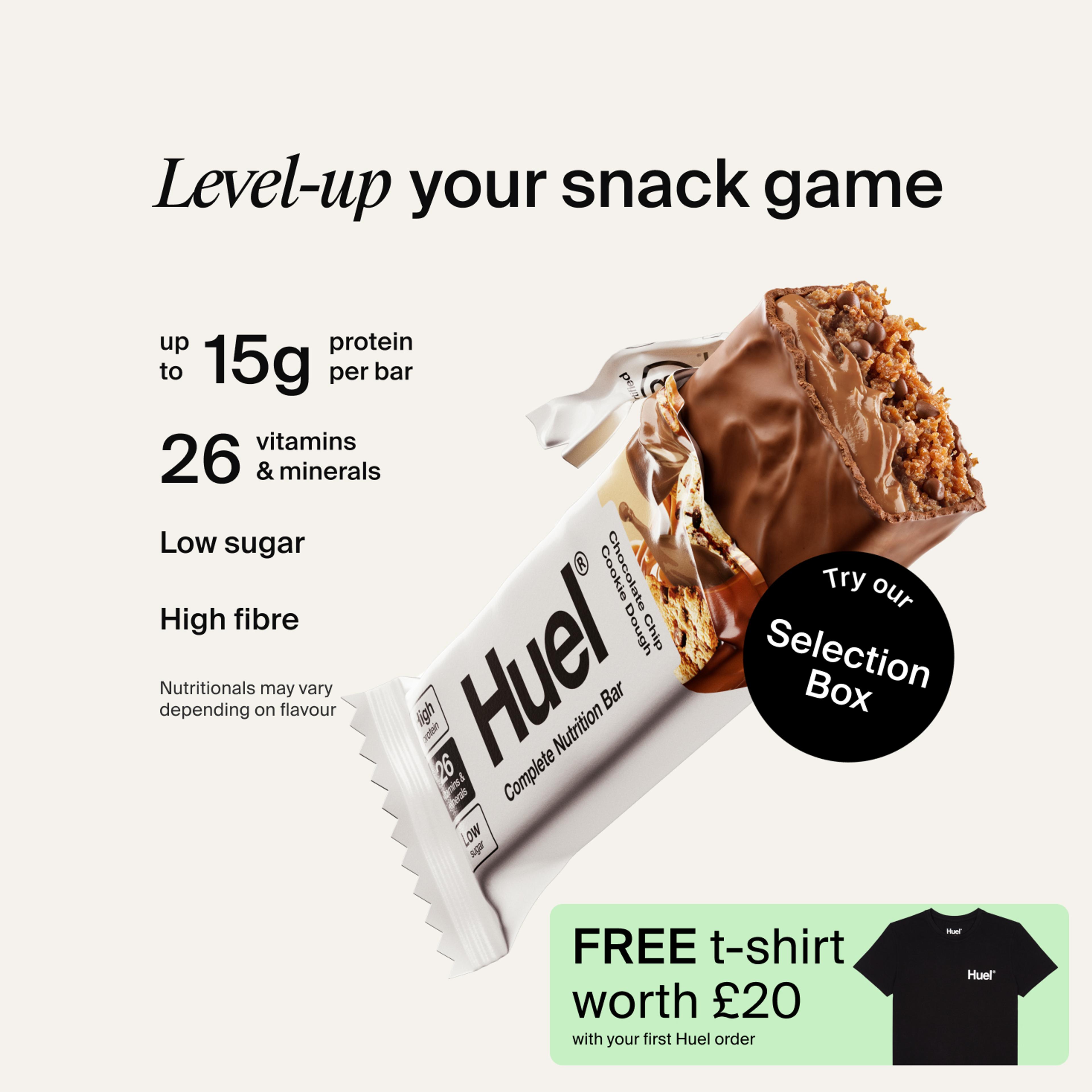 A Huel Complete Nutrition bar with a peanut and caramel filling, set against a beige-colour background