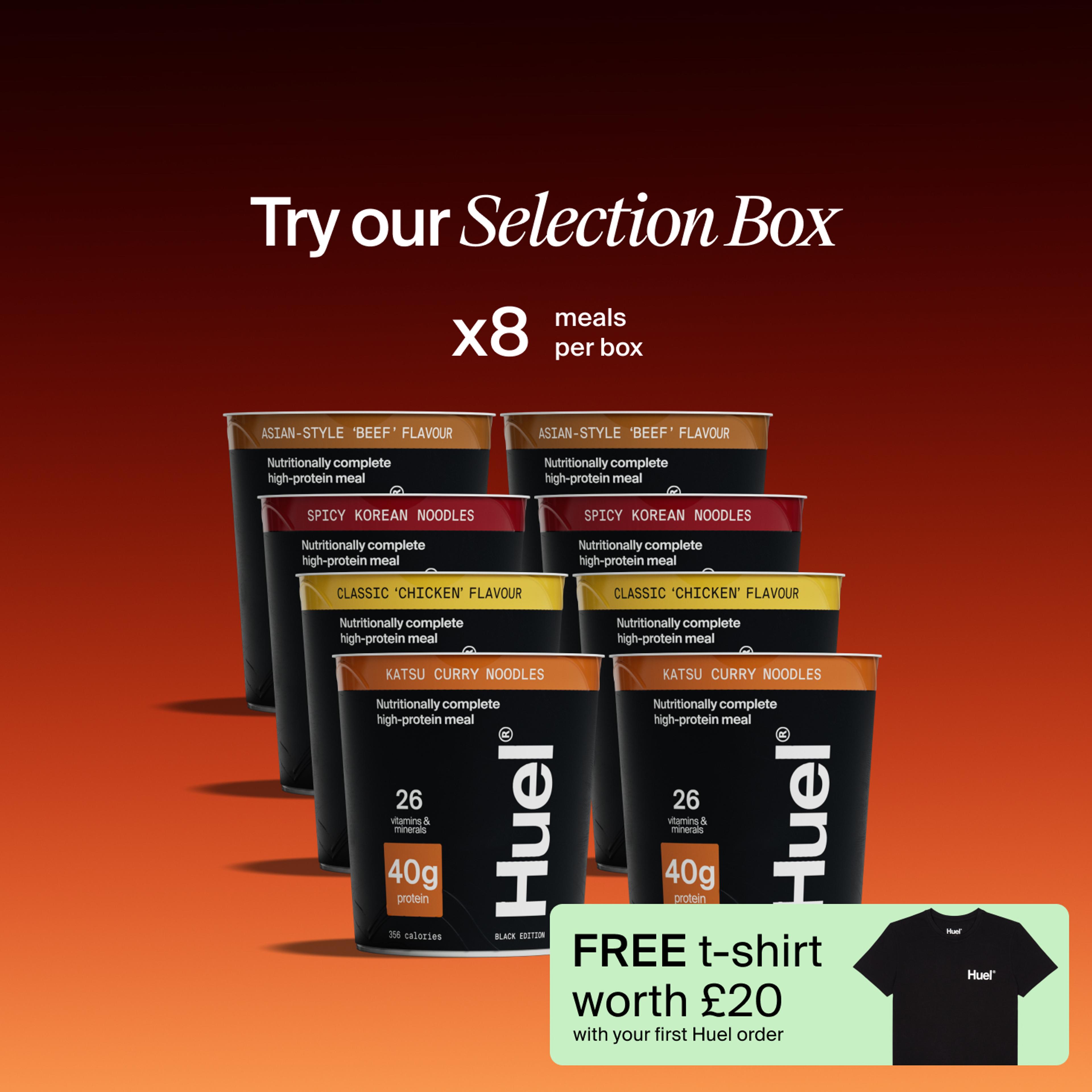All of the Black Edition Ramen flavours in rows with 'Try our selection box x12 meals per box' copy