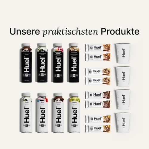 Eine Auswahl an Huel-Produkten
