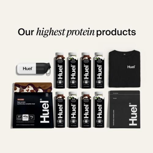 A selection of high-protein Huel products in a flatlay image