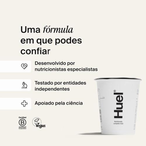 Um recipiente branco da Huel sobre um fundo esbranquiçado, com destaques que explicam as credenciais científicas da Huel.